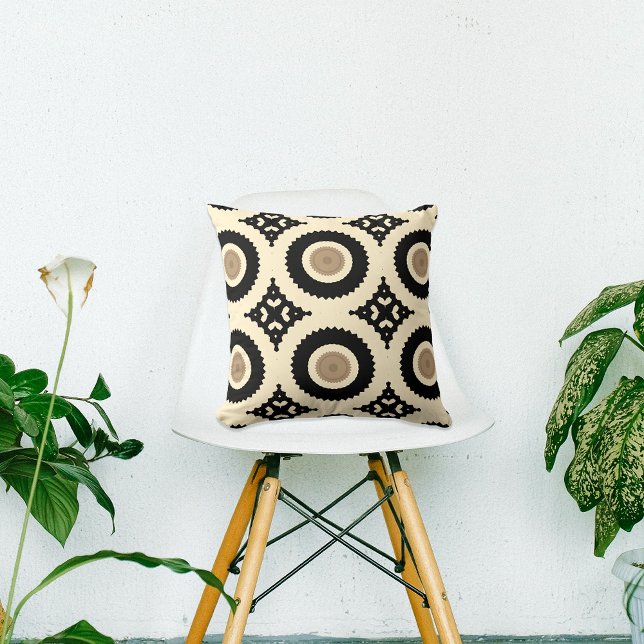 Boho Chic Black & Beige Geometric Pattern Throw Pillow (Creator Uploaded)