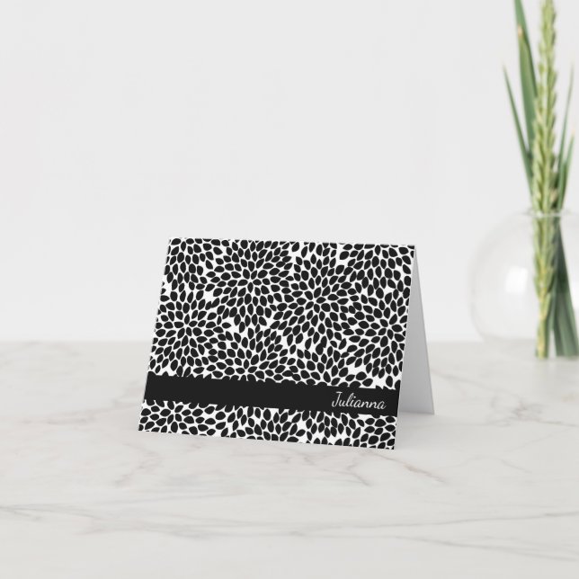 Boho Chic Black White Abstract Floral Personalized Note Card (Front)