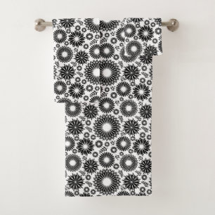 Boho Chic Black White Folk Flowers and Starburst  Bath Towel Set
