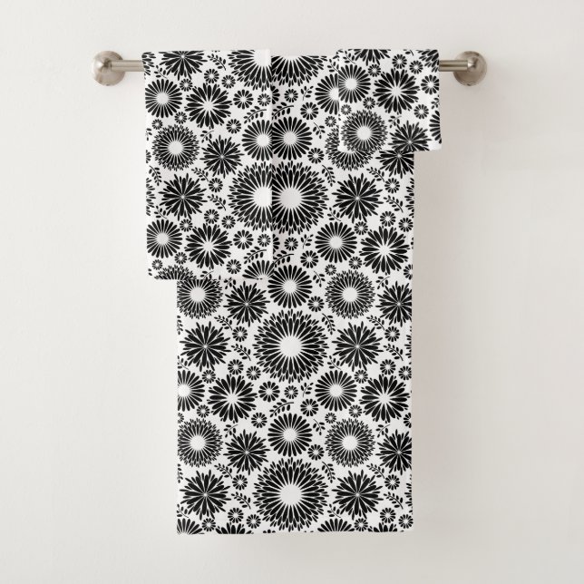 Boho Chic Black White Folk Flowers and Starburst  Bath Towel Set (Insitu)