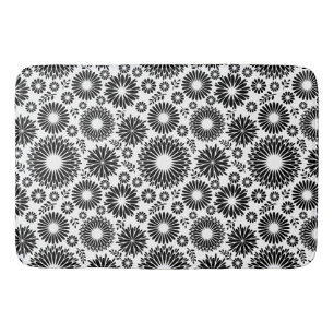 Boho Chic Black White Folk Flowers and Starburst Bathroom Mat