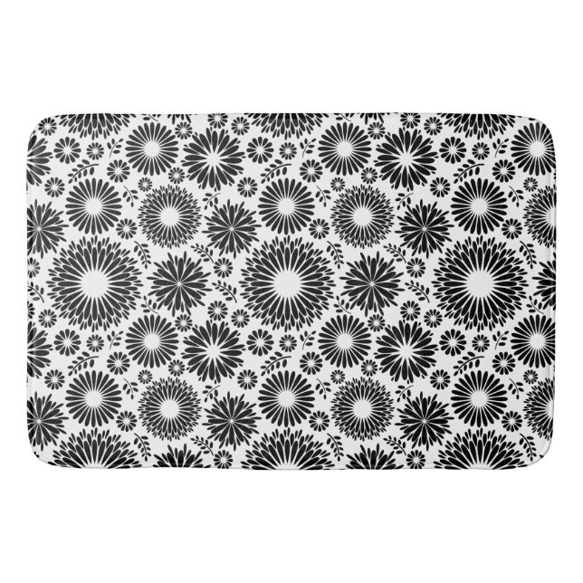 Boho Chic Black White Folk Flowers and Starburst  Bathroom Mat (Front)