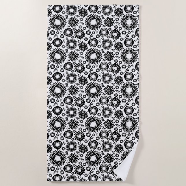 Boho Chic Black White Folk Flowers and Starburst  Beach Towel (Front)