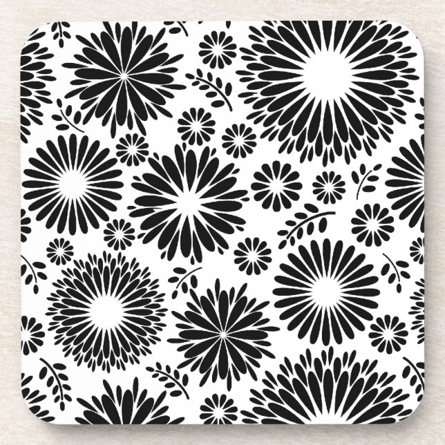 Boho Chic Black White Folk Flowers and Starburst  Beverage Coaster (Front)