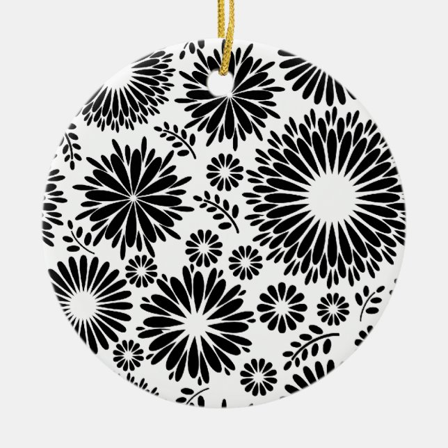 Boho Chic Black White Folk Flowers and Starburst  Ceramic Ornament (Front)