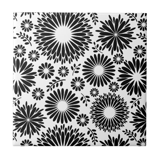 Boho Chic Black White Folk Flowers and Starburst  Ceramic Tile (Front)