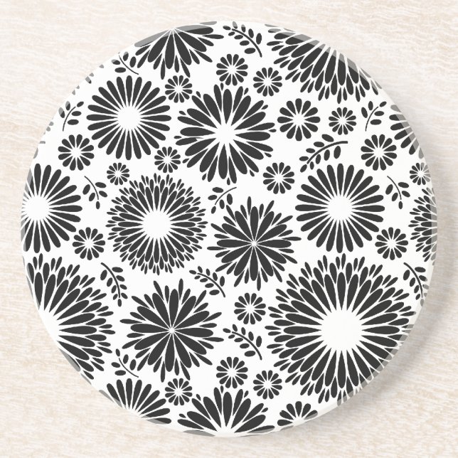 Boho Chic Black White Folk Flowers and Starburst  Coaster (Front)