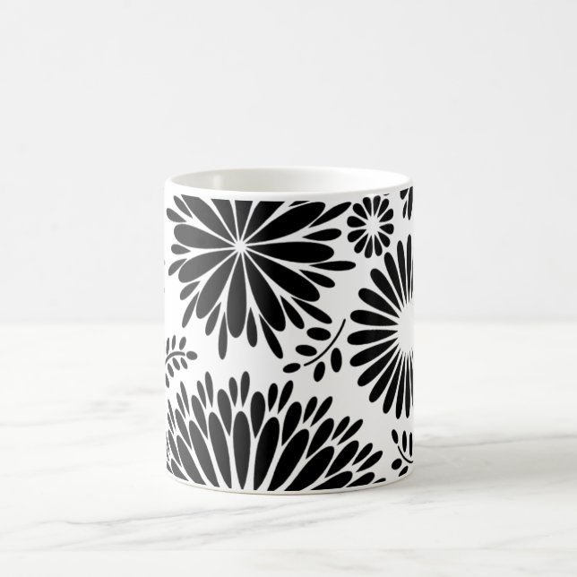 Boho Chic Black White Folk Flowers and Starburst  Coffee Mug (Center)