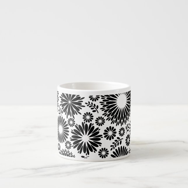 Boho Chic Black White Folk Flowers and Starburst  Espresso Cup (Front)