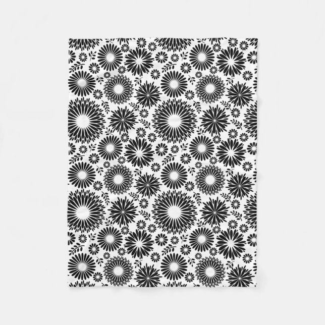 Boho Chic Black White Folk Flowers and Starburst  Fleece Blanket (Front)