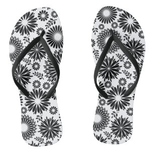 Boho Chic Black White Folk Flowers and Starburst  Flip Flops