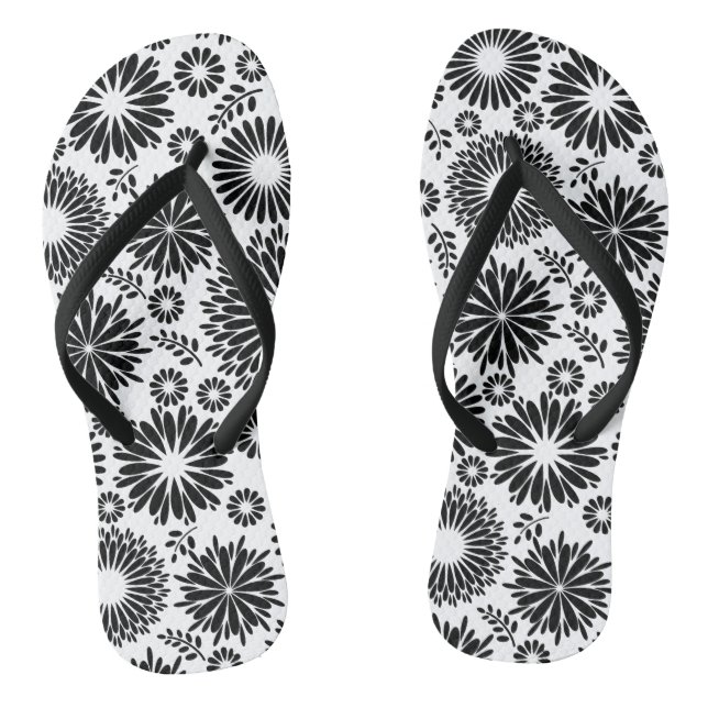 Boho Chic Black White Folk Flowers and Starburst  Flip Flops (Footbed)