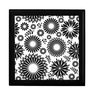 Boho Chic Black White Folk Flowers and Starburst Keepsake Box