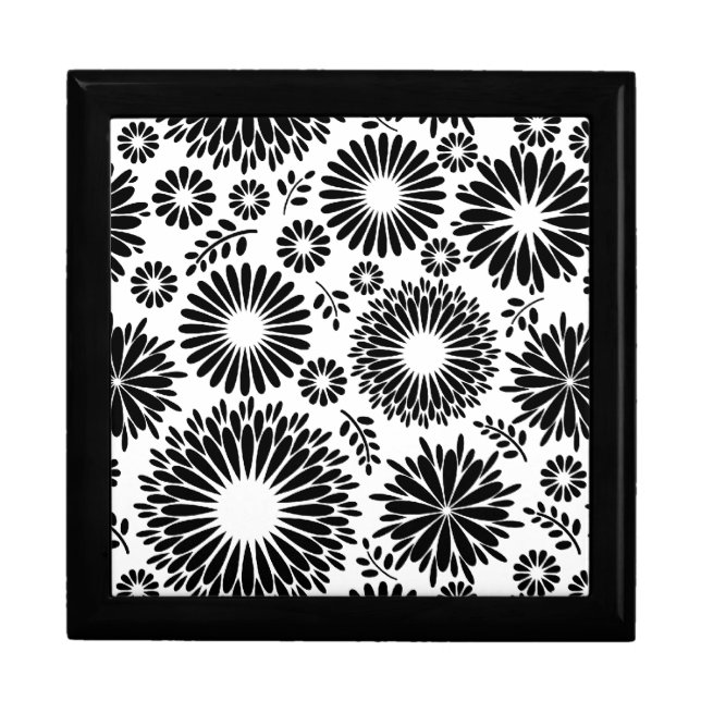 Boho Chic Black White Folk Flowers and Starburst  Keepsake Box (Front)