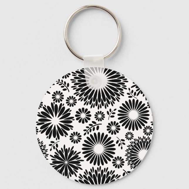 Boho Chic Black White Folk Flowers and Starburst  Keychain (Front)