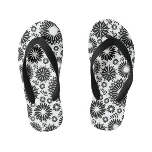 Boho Chic Black White Folk Flowers and Starburst Kid's Flip Flops