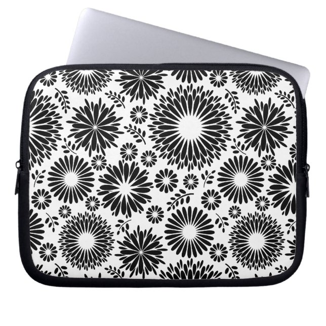 Boho Chic Black White Folk Flowers and Starburst  Laptop Sleeve (Front)