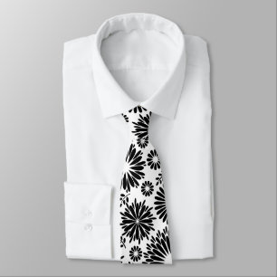 Boho Chic Black White Folk Flowers and Starburst  Neck Tie