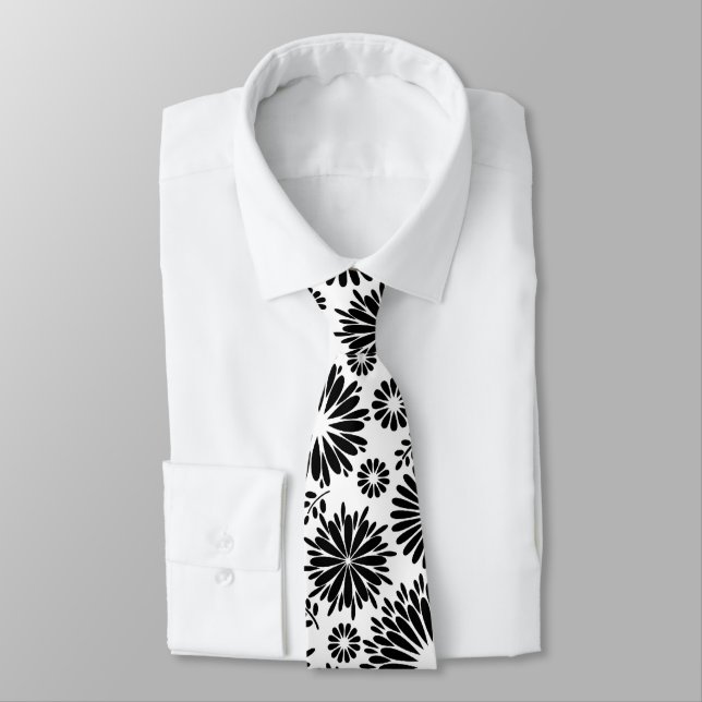 Boho Chic Black White Folk Flowers and Starburst  Neck Tie (Tied)