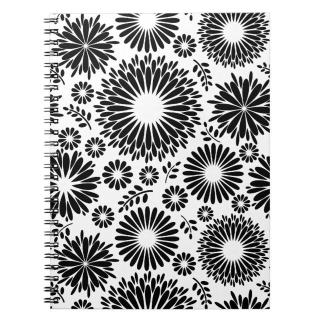 Boho Chic Black White Folk Flowers and Starburst  Notebook (Front)