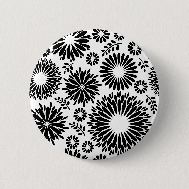 Boho Chic Black White Folk Flowers and Starburst  Pinback Button (Front)