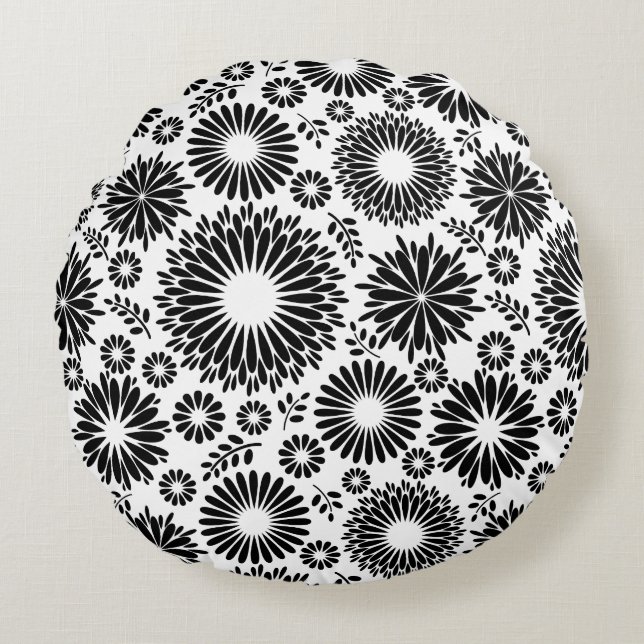 Boho Chic Black White Folk Flowers and Starburst  Round Pillow (Front)