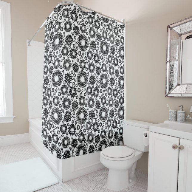 Boho Chic Black White Folk Flowers and Starburst  Shower Curtain (In Situ)