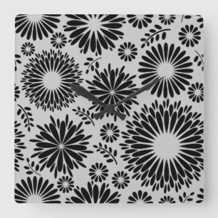 Boho Chic Black White Folk Flowers and Starburst Square Wall Clock