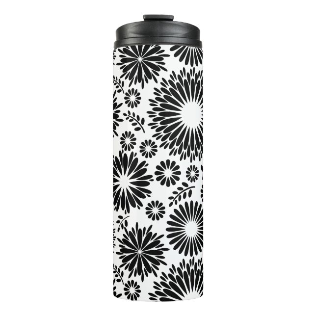 Boho Chic Black White Folk Flowers and Starburst  Thermal Tumbler (Front)