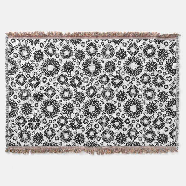Boho Chic Black White Folk Flowers and Starburst  Throw Blanket (Front)