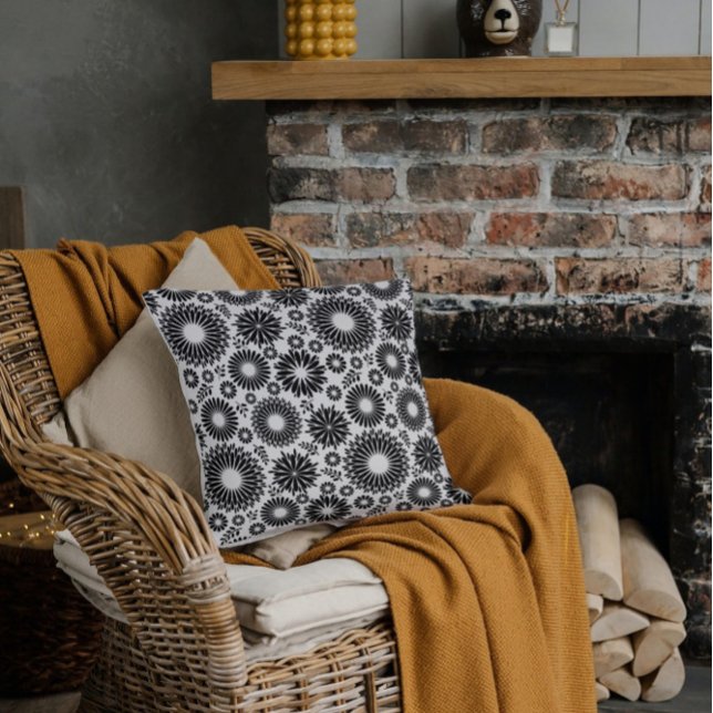 Boho Chic Black White Folk Flowers and Starburst  Throw Pillow (Creator Uploaded)