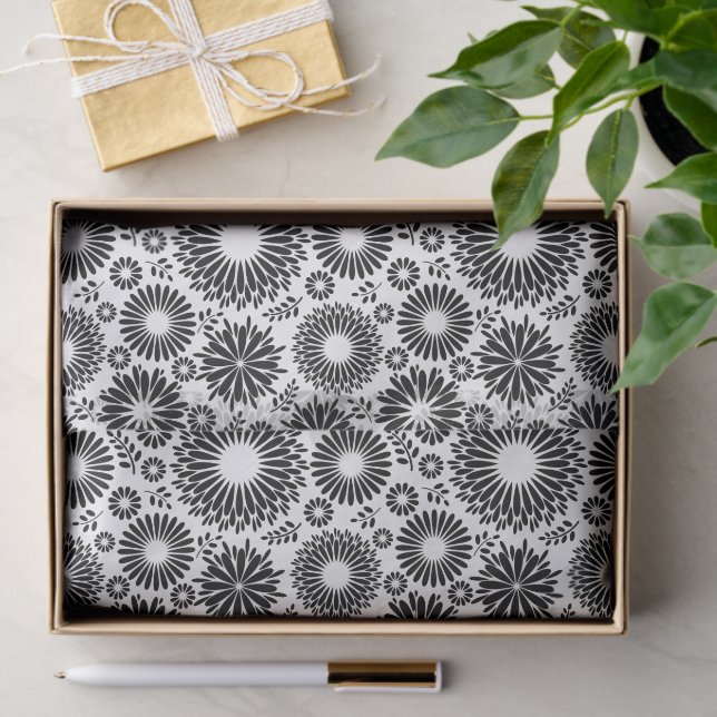 Boho Chic Black White Folk Flowers and Starburst  Tissue Paper (Gift)