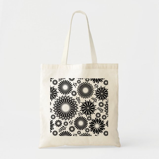 Boho Chic Black White Folk Flowers and Starburst  Tote Bag (Front)