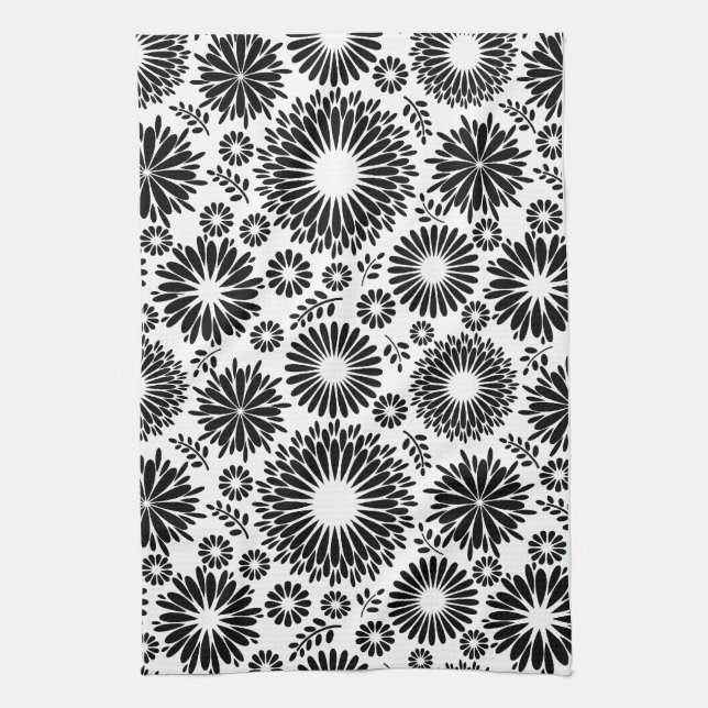 Boho Chic Black White Folk Flowers and Starburst  Towel (Vertical)