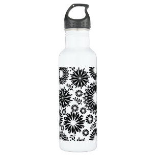 Boho Chic Black White Folk Flowers and Starburst Water Bottle