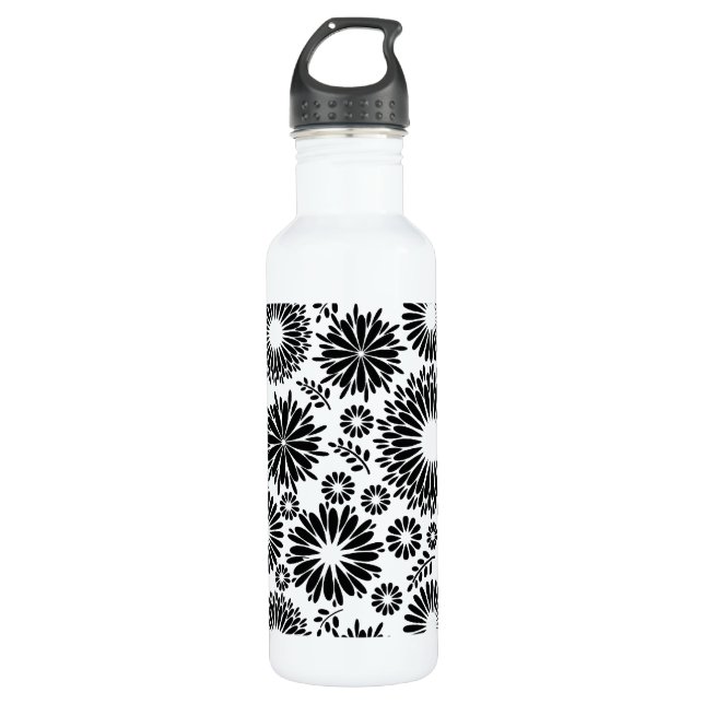 Boho Chic Black White Folk Flowers and Starburst  Water Bottle (Front)