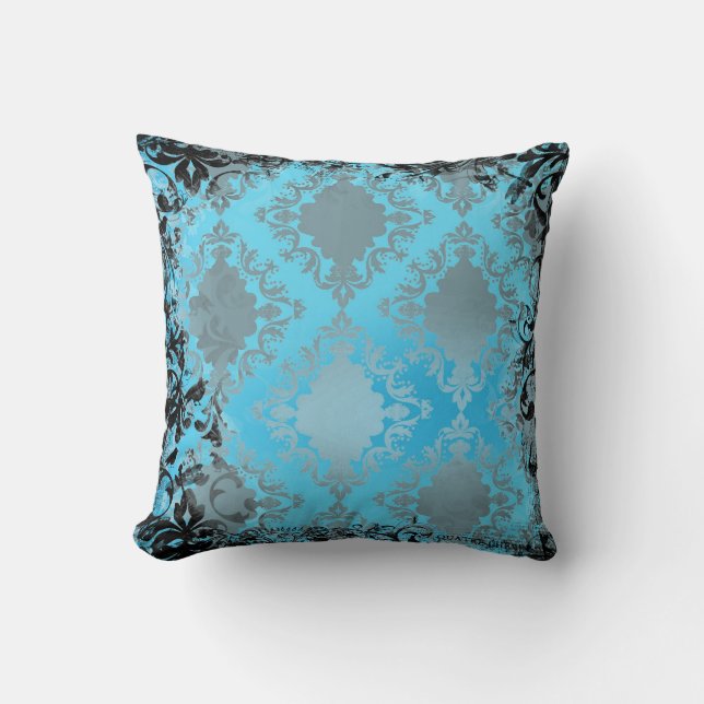 Boho Chic Blue and Black Vintage Throw Pillow (Front)