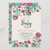 Boho Chic | Blue | Folk Flowers | Baby Shower Invitation