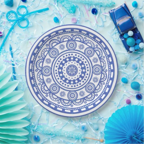 Boho Chic Blue Geometric Floral Dotted Mandala Paper Plates