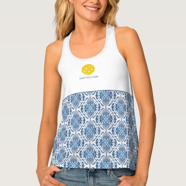 Boho Chic Blue Ikat Pattern Custom Pickleball Tank (Front)