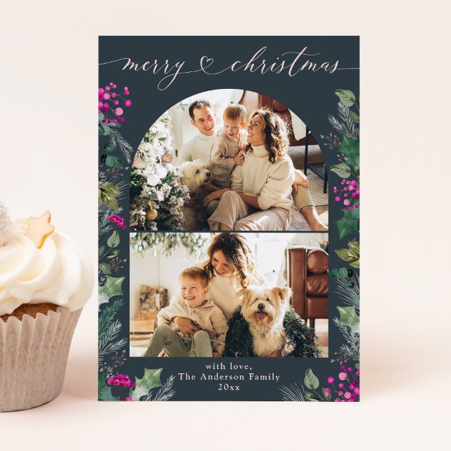 Boho Chic Blue Pink Foliage Photo Christmas Card (Creator Uploaded)