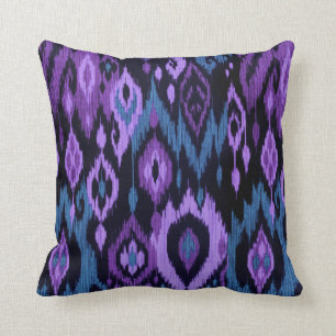 Boho Chic blue purple black Ikat Tribal Tapestry Throw Pillow