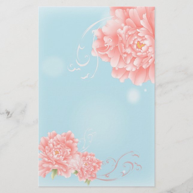 boho chic blue watercolor floral pink flowers stationery (Front)