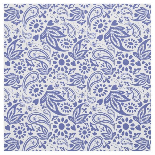 Boho chic Blue White Paisley and Flowers Pattern Fabric