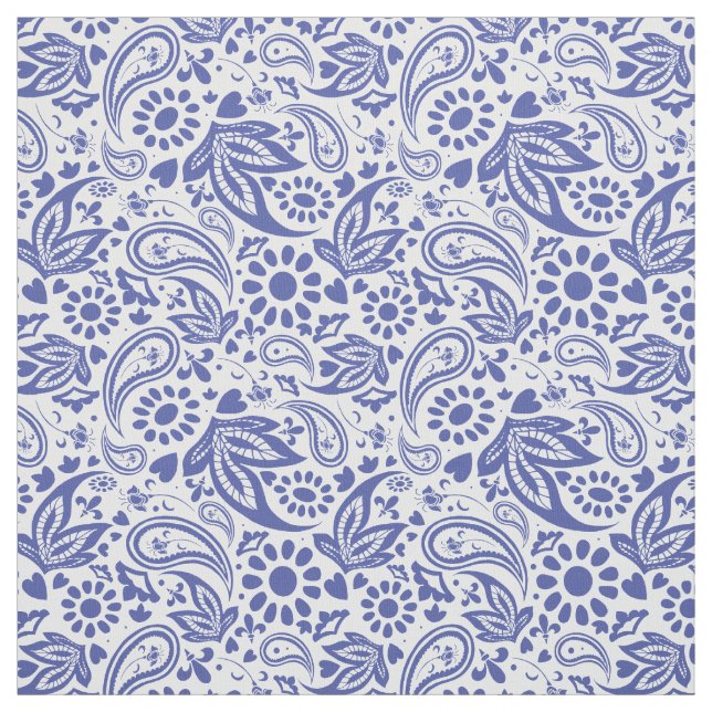 Boho chic Blue White Paisley and Flowers Pattern Fabric (Swatch)
