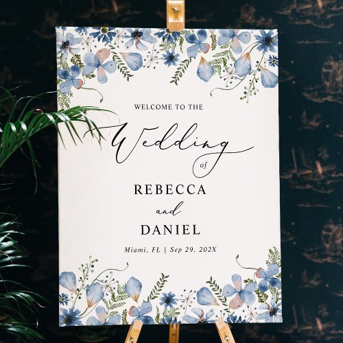 Boho Chic Blue Wildflowers Wedding Welcome Poster