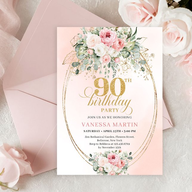 Boho Chic Blush Floral Greenery Gold 90th Birthday Invitation (Boho Chic Blush Floral Greenery 90th Birthday Invite)