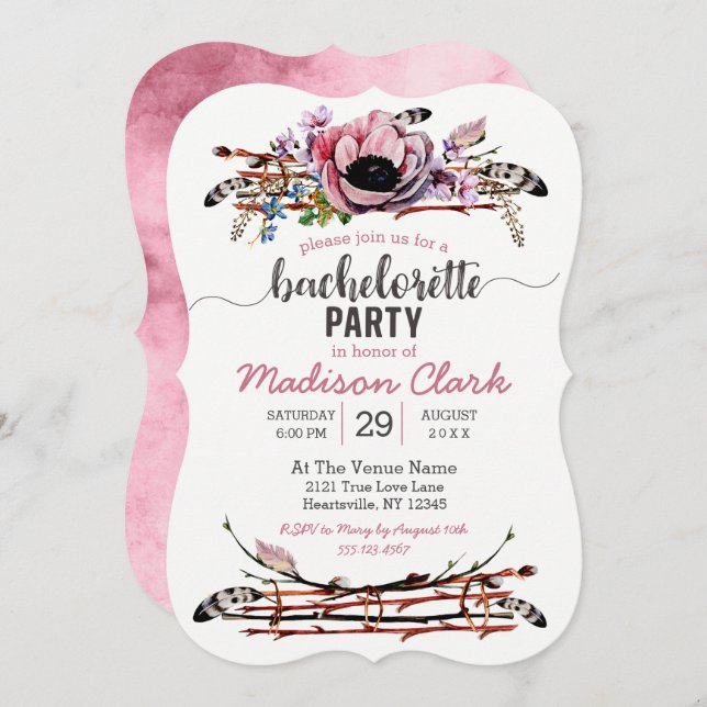 Boho Chic Blush Pink Bachelorette Party Invitation (Front/Back)