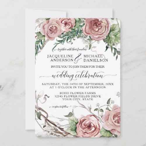 BOHO Chic Blush Pink Floral Rustic Wreath Wedding Invitation