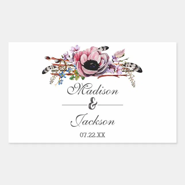 Boho Chic Blush Pink Floral Wedding Monogram Rectangular Sticker | Zazzle